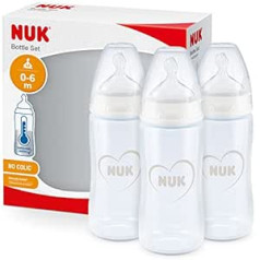 Nuk First Choice+ pudelīšu komplekts zīdaiņiem, 3 pudeles ar temperatūras kontroles displeju, pret kolikas, 300 ml, 0-6 mēneši, silikona knupītis, nesatur BPA