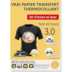 TransOurDream 40 loksnes x A4 pārnešanas papīrs T-krekliem un tekstilizstrādājumiem, melns vai tumšs 3.0 + cepampapīrs, lāzerdruka un tintes druka, bez spoguļdrukas, uzgludināms FR3-3,0-40