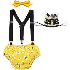 Baby Boys 1st Birthday Outfit Shorts, Braces, Bow Tie, Ear Headband/Crown 4-Piece Clothing Set