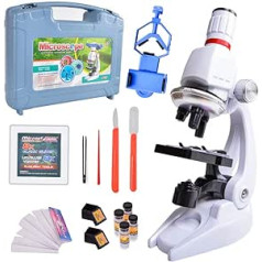 ALEENFOON Children's Microscope, 100 x 400 x 1200x Magnification Science Children's Microscope Kit with LED Lighting with Accessories, Phone Holder, Plastic Box Set for Students and Children