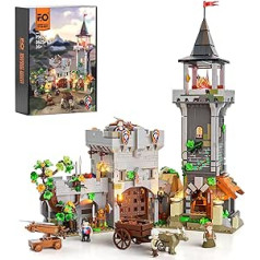 FUNWHOLE Medieval Watchtower Lighting Building Blocks Set - Guardian Castle with Soldier Farmer Mini Figures Collectible Display Set 1625 Pieces for Adults and Teenagers