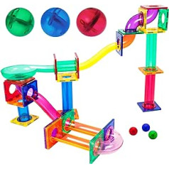 PicassoTiles Marble Run 50 gabalu magnētisko flīžu sacīkšu trases rotaļlietu komplekts, celtniecība un mācīšanās, izglītojoša magnētiskā konstrukcija, bērnu smadzeņu attīstības komplekts | Zēni Meitenes Vecums 3 4 5 6 7 8+ gadi