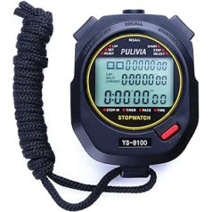 PULIVIA Sports Stopwatch, 100 laps, digital stopwatch, countdown timer, tempo mode, 12/24 hour clock, calendar with alarm, 3-row display, large screen, battery included