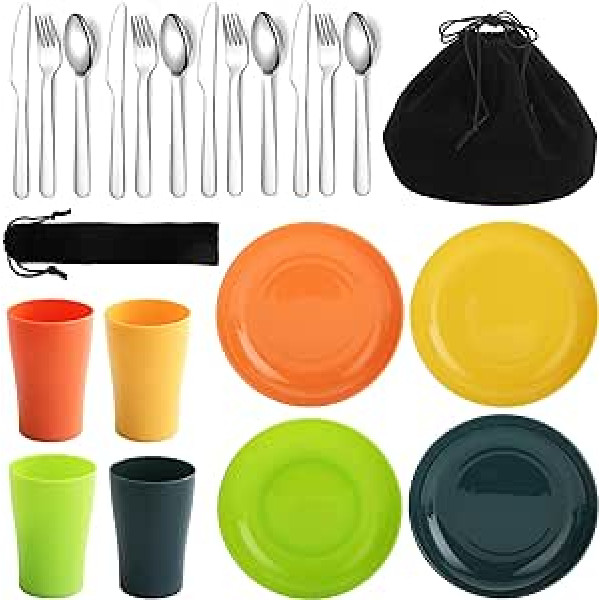 Evanda Camping Cutlery Set, 20 Pieces, Reusable Lightweight Cup, Plate and Stainless Steel Cutlery with Black Bag, for Camping 4 People, Dishwasher Safe