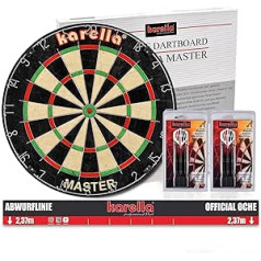 „Karella Dartboard Master“ – aukštos kokybės sizalo turnyro smiginio lenta, viena arba kaip komplektas, smiginio lenta, įskaitant 2 rinkinius plieninis smiginis „Blackstar“ ir „Karella Throwing Line“