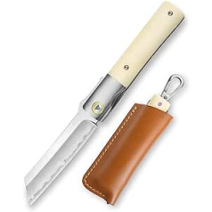 TRIVISA Camping Taschen-faltendes Japanisches Klappmesser, Griff aus Kuhknochen und Titan, 9CM Satin Klinge,SKD11 Stahl, Lederscheide. Kira-02W