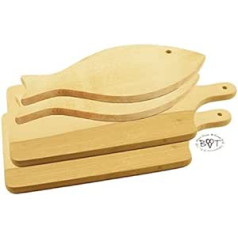 4 x piknika grila šķīvji un maizes dēlis no viena dabīgā koka gabala – bez lakas un līmes, 2 zivis apm. 35 cm x 16 cm un 2 kvadrāti apm. 42 cm x 20 cm koka dēlis, steika šķīvis un šķiņķis