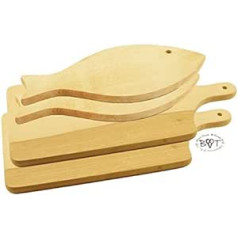 4 x picnic grill plates and bread board made of one piece of natural wood – free of varnish and glue, 2 fish approx. 35 cm x 16 cm and 2 square approx. 42cm x 20cm Wooden Board, Steak Plate & Ham