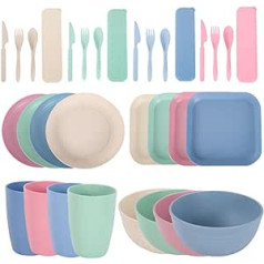 32 Pieces Unbreakable Tableware Set for 4 Person Picnic Camping Dinner PP Sets Cups Bowls Plates and Cutlery Set Lightweight Reusable for Picnic Outdoor Party (A)