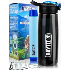 BAYTIZ - Water Bottle + Straw Filter + Carabiner - Outdoor Water Filter with Activated Carbon - Sports Survival Camping Hiking Survival Water Flash Straw Water Purifier Life Filter System Straw