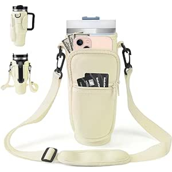 Stanley Cup Bag with Strap, Water Bottle Carry Bag with Mobile Phone Pocket, 1.2L Stanley Cup Bag with Handle, Stanley Cup Accessories Suitable for Outdoor Sports, Camping, Travel, cream