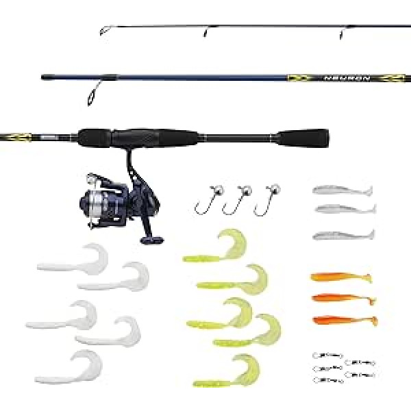 Mitchell Neuron Saltwater Spin Combo, ideāls makšķerēšanas un spoļu komplekts piekrastes spiningošanai, ēsmas makšķerēšanai, ideāli piemērots jūras asariem, mencām un plekstveidīgajām zivīm, ieskaitot makšķerēšanas piederumus, gatav