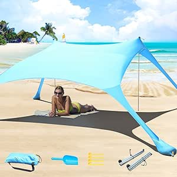 Cuupo Beach Tent Pop Up 2x2.1m UPF 50 Lycra Sun Shade Outdoor Anti-Wind Sun Protection with Stability Poles Backyard with Beach Blanket Blue