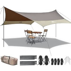 Forceatt Tent tents, 3,7 x 4,3 m brezents īpaši viegls ar 6 stiprinājuma punktiem, ūdensnecaurlaidīgs tents var izmantot ar telti un šūpuļtīklu kempingiem, pārgājieniem un citām āra aktivitātēm.