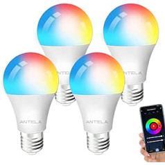 ANTELA Alexa lemputė E27 9W 806LM RGB 2700K-6500K šilta balta šalta balta šviesa Smart WiFi LED pritemdoma lemputė, suderinama su Google Home, 4 vnt.