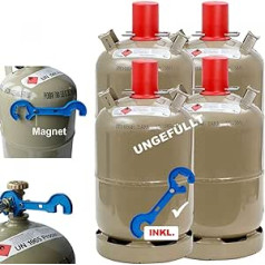 Bluecraft 4 x propāna gāzes baloni 11 kg pelēks, tukšs, ietver gāzes regulatora atbrīvošanu ar magnētu un 17 mm atslēgu 1/4 collas savienotājuzgrieznim