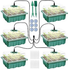 MOERAE Indoor Greenhouse Propagator with Lid, 6 Pieces Greenhouse Propagation Set with 8 LED Full Spectrum Plant Lamp, 12 Holes Seedling Starter Trays Breeding Trays Seeds Propagator (Green-6)