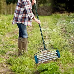 TFCFL Rolling Garden Lawn Aerator Roller, Rotary Push Tine Spike Grīdas ventilācija Mājas zāles tērauda rokturis Lieljaudas dārza pagalma ventilācija ar zaru smaili