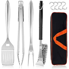 HaSteeL 5 Piece BBQ Utensils Set, Stainless Steel BBQ Accessories with Bag for Outdoor Cooking, Camping, Heavy Duty BBQ Spatula, Tongs, Meat Fork, Pastry Brush, Cleaning Brush, Men Gift