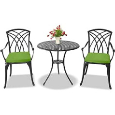 Centurion atbalsta OSHOWA luksusa bistro komplekts dārza terases galdam 2 lieli krēsli ar roku balstiem, melns alumīnija liets ar zaļiem spilveniem