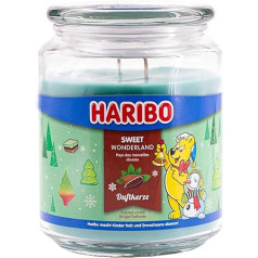 Haribo aromātiskā svece stiklā ar vāku Sweet Wonderland aromātiskā svece Ziemas sveces Ilgs degšanas laiks (100 h) Sveces Zaļās smaržīgās sveces liela (510 g)