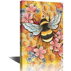 Wall Art Bee Flower Canvas Painting Gallery Packed Stretched Framed Painting Art Craft for Living Room Bedroom Home Office Decor Home Wall Decor Friends Gift Ready to Hang 8x12 Inch