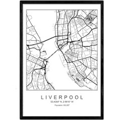 Nacnic Drukāt pilsētas karte Liverpūles skandināvu stilā melnbaltā plakāts A4 Drukāts papīrs Nr. 250 gr. Gleznas, izdrukas un plakāti viesistabai un guļamistabai