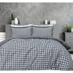 Sleepdown Gingham Check Grey Plain Back, mīksts viegli kopjams segas pārvalks ar volānām malām King izmēra spilvendrānas (230x220cm)