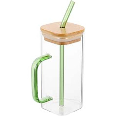 Cabilock Clear Glasses stikla glāzes ar koka vākiem un salmiņiem, kvadrātveida dzeršanas glāzes, ledus kafijas glāzes, dzērienu glāzes, glāzes, stikla trauki ūdenim, alus, kokteiļi, 400 ml, zaļi