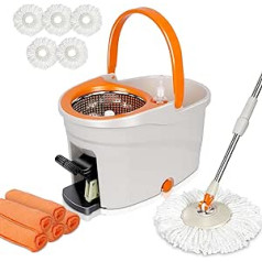 Zvonema Mop Set with Bucket Mop Bucket with Wringer and Foot Pedal, 145 cm Stainless Steel Telescopic Handle and 7L Cleaning Bucket, Flat Mop for All Floor Types, Send 5 Microfibre Mop Heads