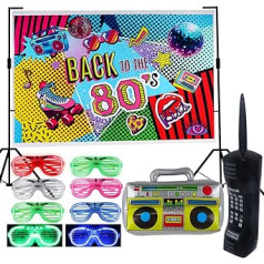 9 devinto dešimtmečio vakarėlio fono dekoravimo reikmenų rinkinys – Pripučiamas retro stiliaus mobilusis telefonas „Boombox“ LED užsklanda, šešėliuojantys akiniai, vakarėliui, 80-ųjų 90-ųjų hiphopo švytėjimo temos gimtadienio dekoras