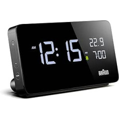 Braun Digital Alarm Clock with LCD Display, 2 x USB-C Ports for Charging Other Devices, Time and Date Display, Touch Snooze, Quick Set, Black, Model BC20B