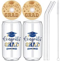 2 baigimo dovanos jai, sveikiname 2023 m. vidurinės mokyklos koledžo absolventų klasės stiklinės taurės, 16 uncijų stiklainiai su bambukiniu dangteliu ir stiklo šiaudeliais (mėlynas auksas)