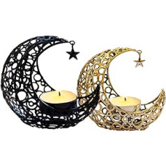 Qixuer Candle Holder, Gold Set of 2, Crescent Shaped Candle Holder with Stars, Vintage Black Oriental Colour Candle Holder, Tea Light Holder, Romantic