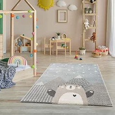 Fashion4Home bērnu paklājs bērnu istabai ar kalnu, lāci, trusi, pandu, punktiem, sirdi, zvaigznēm, balonu – krāsa: tirkīzs/bēšs/pelēks/rozā – izmērs – 80 x 150 – 120 x 170 – 160 x 230