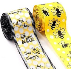 2 Pieces World Bee Day Fabric Ribbons Spring Bumble Bee Ribbons Spring Animals Decor Ribbon for World Bee Festival Gift Wrapping Outdoor Hanging Party Decoration Accessories (6.3 cm x 5 m x 2 Rolls)