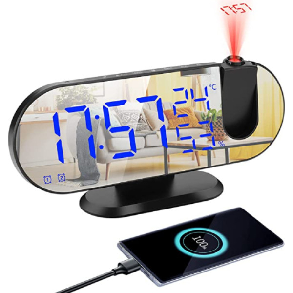 Augot modinātājs ar projekciju, 9 collu LED spoguļa projekcijas modinātājs ar FM radio digitālo radio modinātāju, 180° projektors, temperatūras un mitruma displejs, 12/24 stundas, dubultā modinātāja funkcija, atlikšana, 4 dimmeri