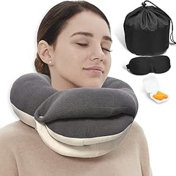 BUYUE Travel Pillow for Airplanes, 360° Neck Support Sleeping Essentials for Long Flights, Kit with 3D Contoured Eye Mask, Earplugs and Storage Bag (Large, Grey)