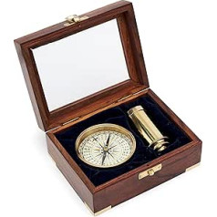 NKlaus jūrinio kompaso ir teleskopo rinkinys žalvarinis medinėje dėžutėje su stikliniu dangteliu 11685