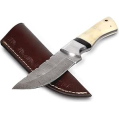 EUROtops Damask Hunting Knife Chameau - With Cowhide Leather Knife Sheath, 12cm Blade Heavy Duty Stainless Steel / 15N20 and 1095 Decorated Camel Bone Handle Lanyard Eye for Sports/Camping/Outdoor