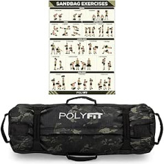 Polyfit Classic smilšu maiss — Multicam Black — Lieljaudas boksa maisu treniņu maisiņi ar 8 rokturiem smilšu maisam, spēka treniņš, smiltis nav iekļautas