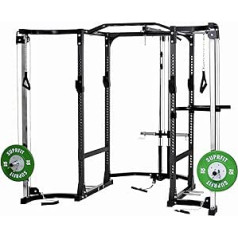 Suprfit Rango Power Rack komplekts — daudzfunkcionāla spēkstacija, barošanas sprosts ar iegremdēšanas staciju, multigrip pievilkšanas stienis, drošības uztvērējs un J veida kausiņi, ar platuma un/vai kabeļa skriemeli (pēc izvēles), ar pul