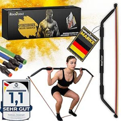 ROAD2GOAT® — [Fitnesa loks] Spēka treniņš ar pretestības joslu stieni, pretestības siksnu komplekts ar 147 cm fitnesa stieni — mājas trenažieru zāles aprīkojums ar fitnesa siksnām — iekļauta treniņu rokasgrāmata un somas