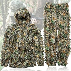 FanzKo Ghillie Suit 3D Leafy Kamo uzvalks vīriešiem medībām, Woodland Gilly Suet, Gilly Suet, Kamuflāžas kombinezoni Jauniešiem Pieaugušajiem Viegls Lapu Kamo Uzvalks džungļu medībām