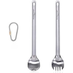 iBasingo Ti1033T Titanium Long Handle Spoon Fork Spork Camping Soup Rice Snack Cutlery with Polished Bowl Ultralight Picnic Uensilien Outdoor Reusable Travel Cookware with Hooks