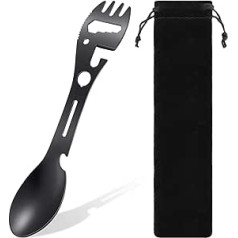 Multipurpose Camping Spork Functional Stainless Steel Spork Spoon Fork Can Opener 10 Functions 1 Design for Travel Food Tool Easy to Store Fabric Case Black