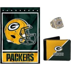 Edgell House Green Bay Packers sporta piemiņlietu dāvanu komplekts, kurā ietilpst 11. gada Super Bowl gredzena kopija, Packers NFL karogs un Green Bay Packers ādas maciņš, zaļš zelts, āda, zaļi zelts, āda