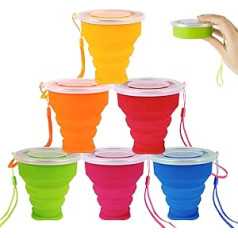 Bahan alamy Pack of 6 Foldable Silicone Cups, Foldable Travel Cups with Plastic Lid, Reusable Portable Cup Set for Camping, Picnic, Hiking, Travel