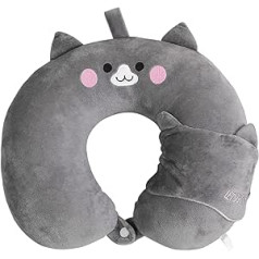 Travel Pillow, Kids Travel Pillow with Cute Sleep Mask, Cute Neck Pillow for Travel Office Home Camping Sleeping (Grey)