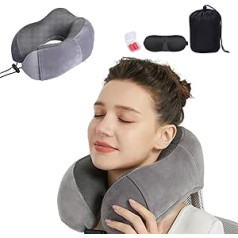 Aeroplane Neck Pillow, Travel Pillow, Neck Pillow Car, Highly Elastic Memory Foam with Support Function, with Eye Mask and Earplugs and Storage Bag, Suitable for Airplane, Train, Office